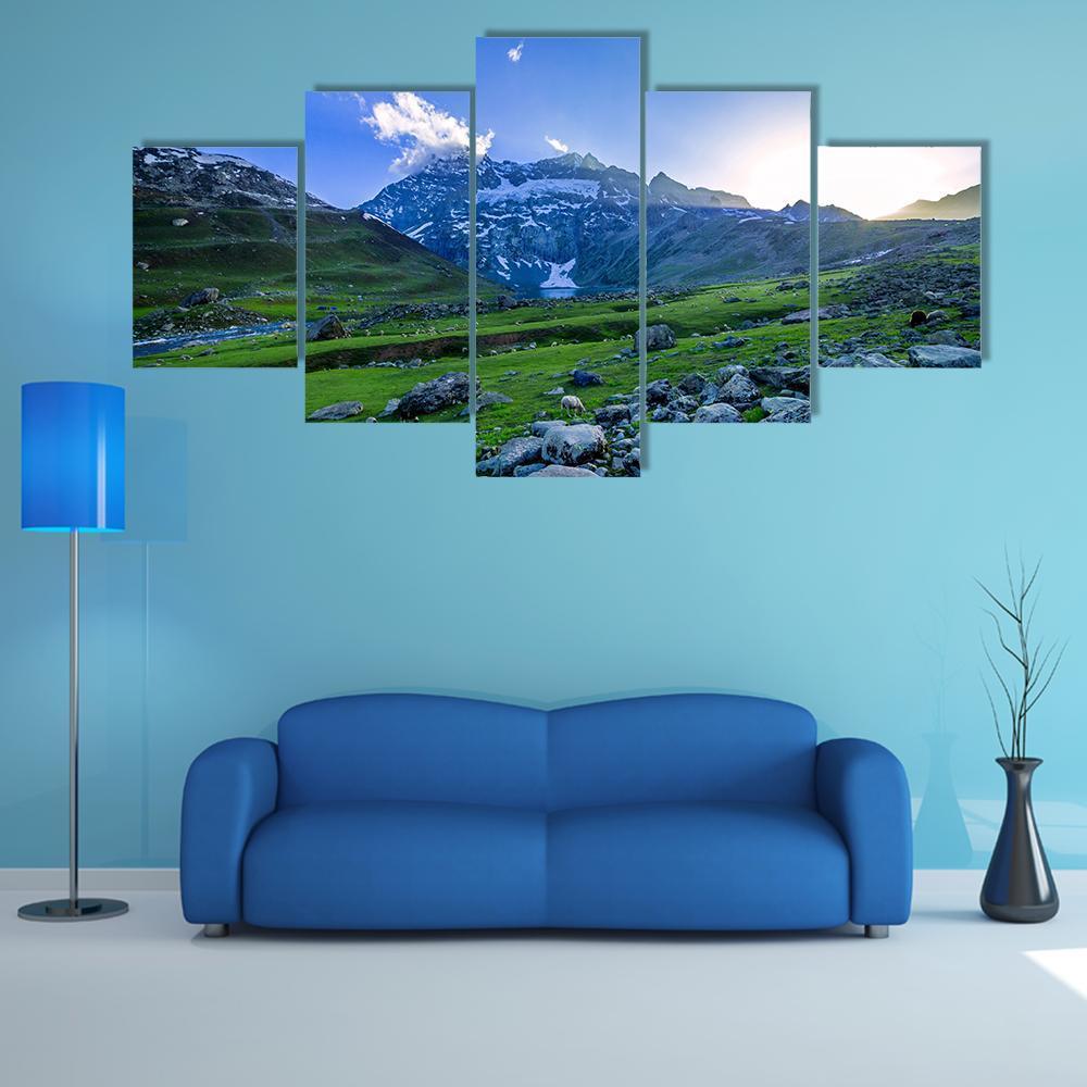 Green Farm Field with Snow-capped Mountains Canvas Wall Art in gray, green and blue, 5 panel Star layout hung on a wall