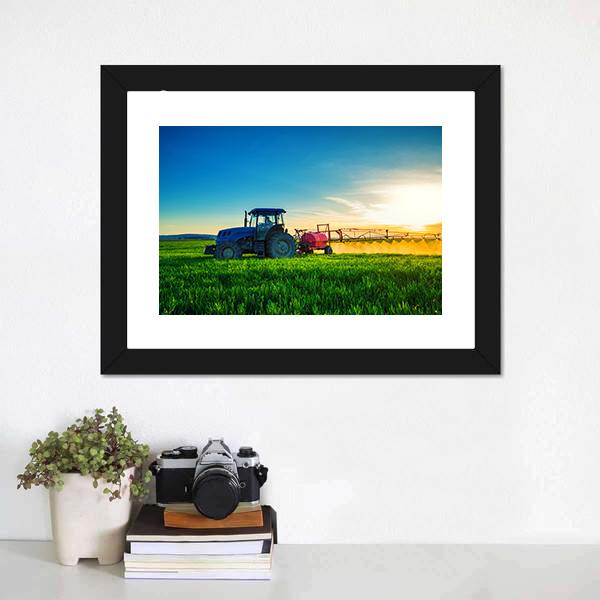 Farming Tractor Plowing &amp; Spraying Canvas Wall Art-1 Piece-Framed Print-20" x 16"-Tiaracle