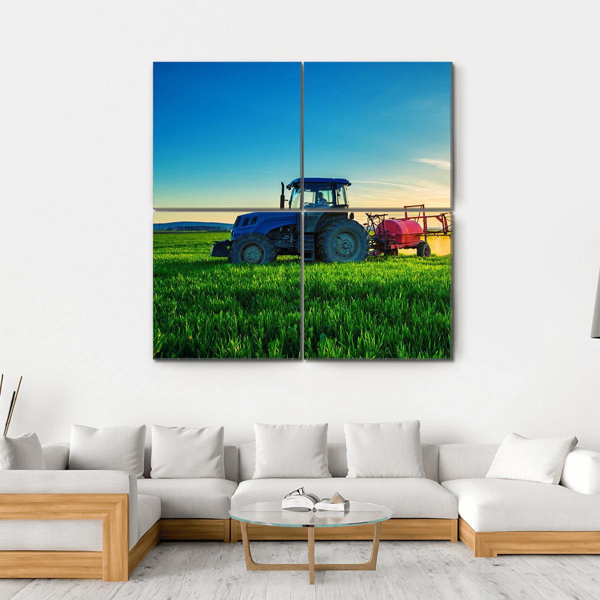 Farming Tractor Plowing &amp; Spraying Canvas Wall Art-4 Square-Gallery Wrap-17" x 17"-Tiaracle