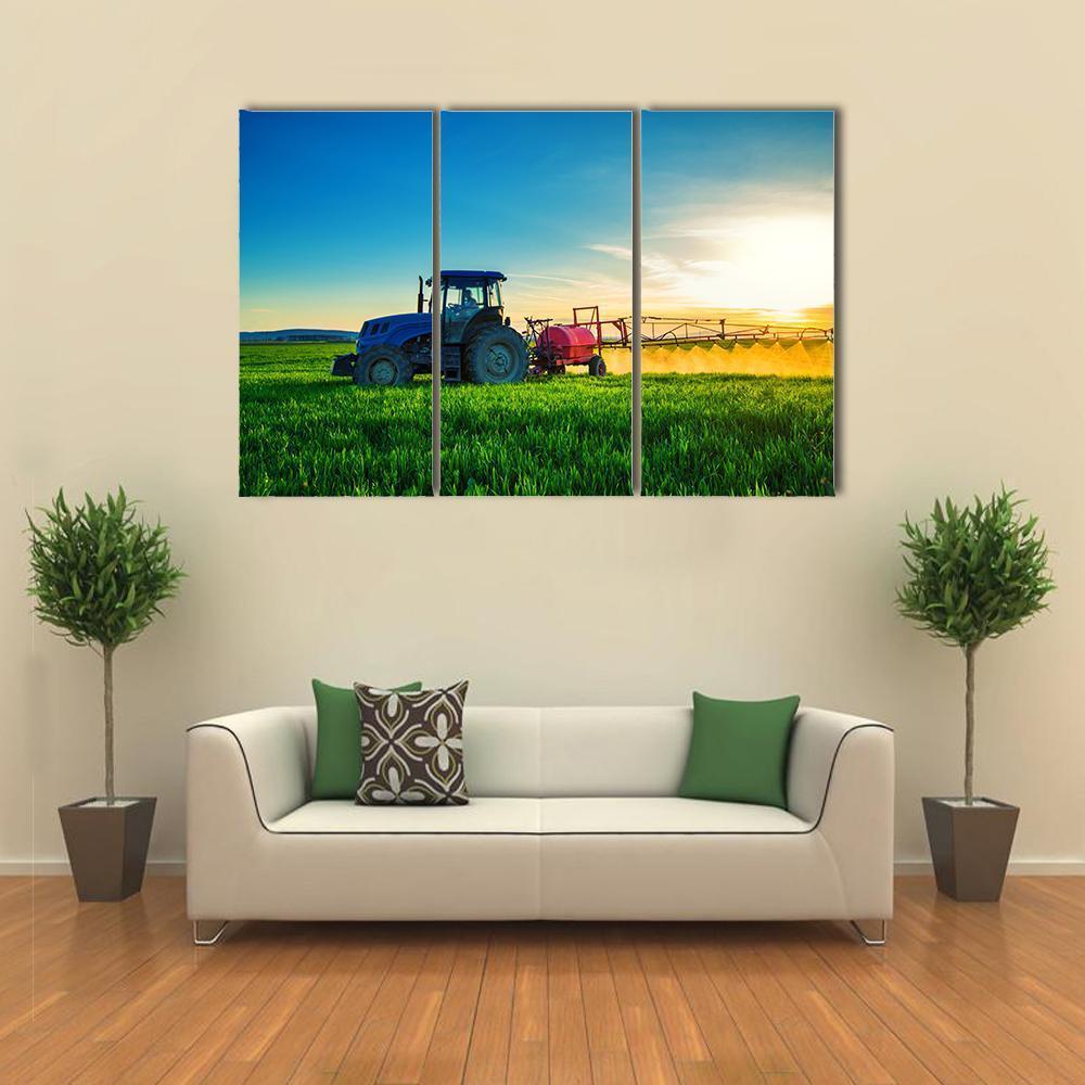 Farming Tractor Plowing & Spraying Canvas Wall Art-3 Horizontal-Gallery Wrap-37" x 24"-Tiaracle