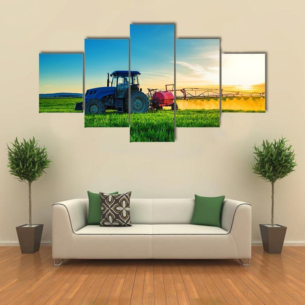 Farming Tractor Plowing &amp; Spraying Canvas Wall Art-5 Star-Gallery Wrap-62" x 32"-Tiaracle