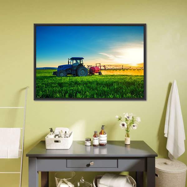 Farming Tractor Plowing &amp; Spraying Canvas Wall Art-1 Piece-Floating Frame-24" x 16"-Tiaracle