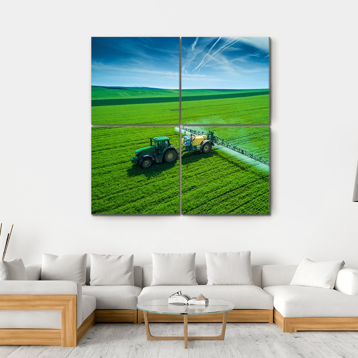 Farming Tractor Spraying On Field Canvas Wall Art-4 Square-Gallery Wrap-17" x 17"-Tiaracle
