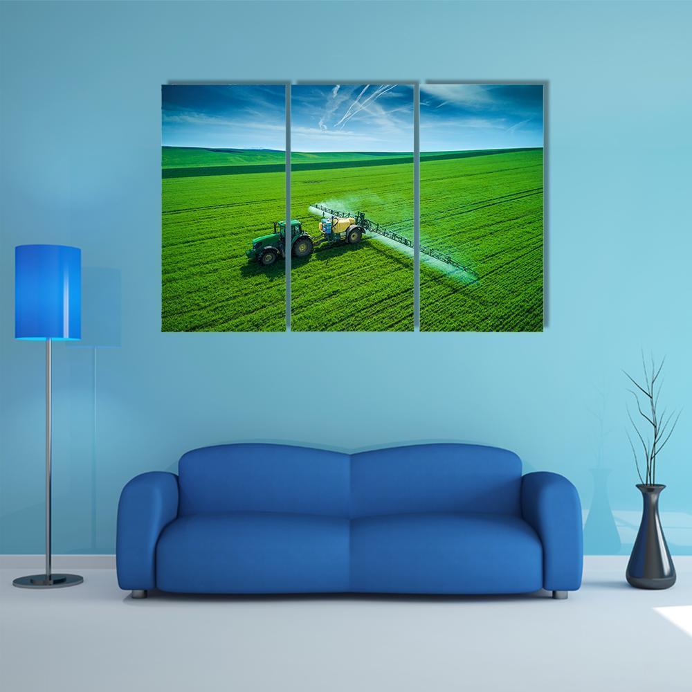 Farming Tractor Spraying On Field Canvas Wall Art-5 Star-Gallery Wrap-62" x 32"-Tiaracle