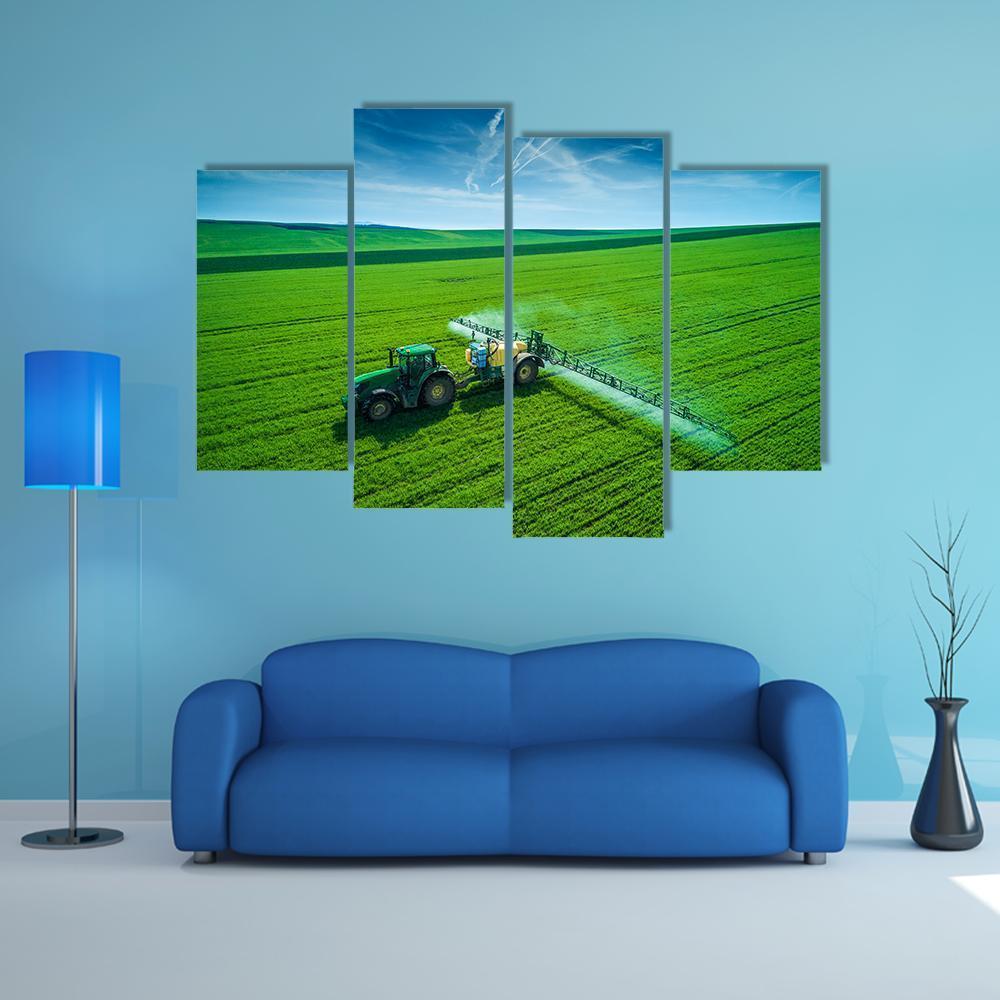 Farming Tractor Spraying On Field Canvas Wall Art-4 Pop-Gallery Wrap-50" x 32"-Tiaracle
