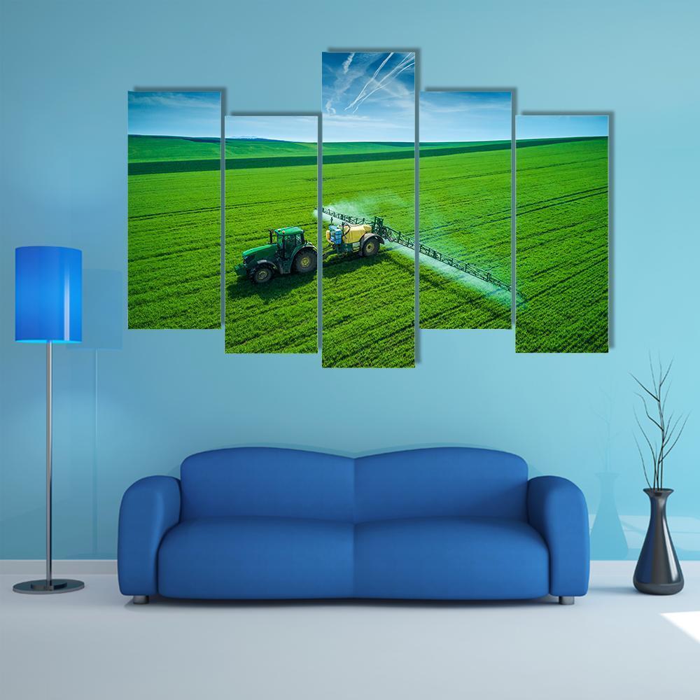 Farming Tractor Spraying On Field Canvas Wall Art-5 Pop-Gallery Wrap-47" x 32"-Tiaracle