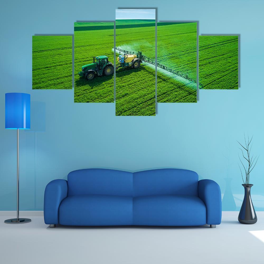 Farming Tractor Spraying On Field Canvas Wall Art-5 Star-Gallery Wrap-62" x 32"-Tiaracle