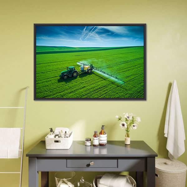 Farming Tractor Spraying On Field Canvas Wall Art-1 Piece-Floating Frame-24" x 16"-Tiaracle