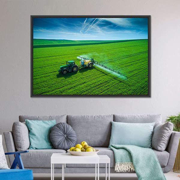 Farming Tractor Spraying On Field Canvas Wall Art-3 Horizontal-Gallery Wrap-25" x 16"-Tiaracle