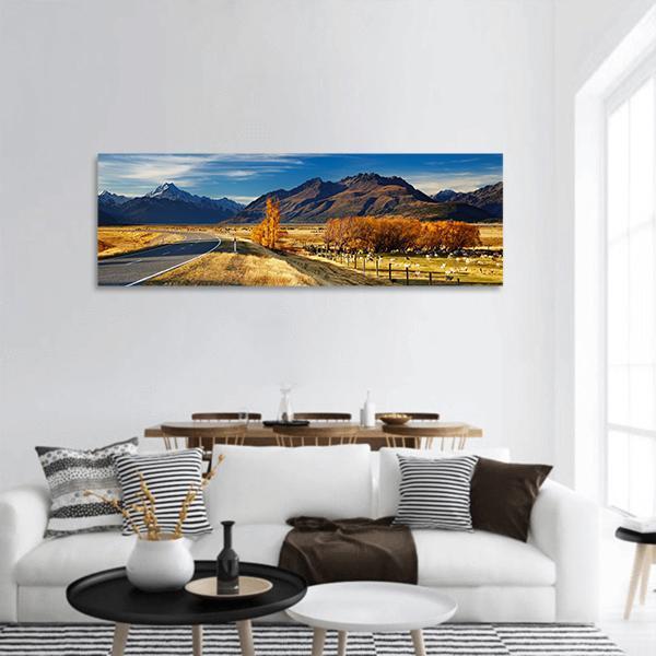 Farmland And Mount Cook Panoramic Canvas Wall Art-1 Piece-36" x 12"-Tiaracle