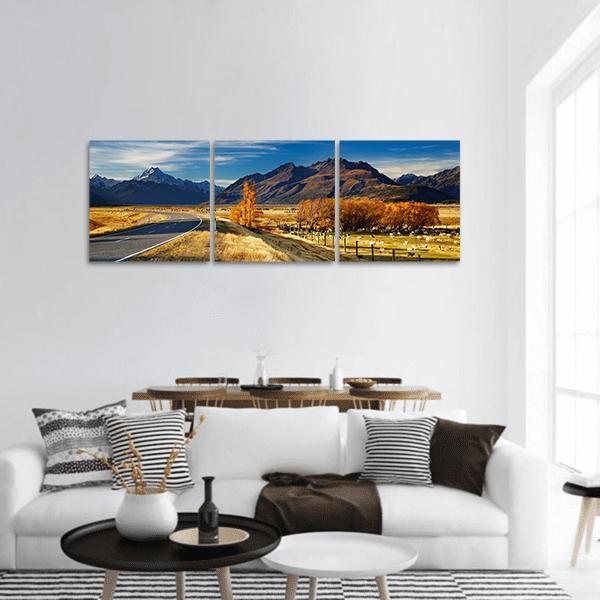 Farmland And Mount Cook Panoramic Canvas Wall Art-3 Piece-25" x 08"-Tiaracle