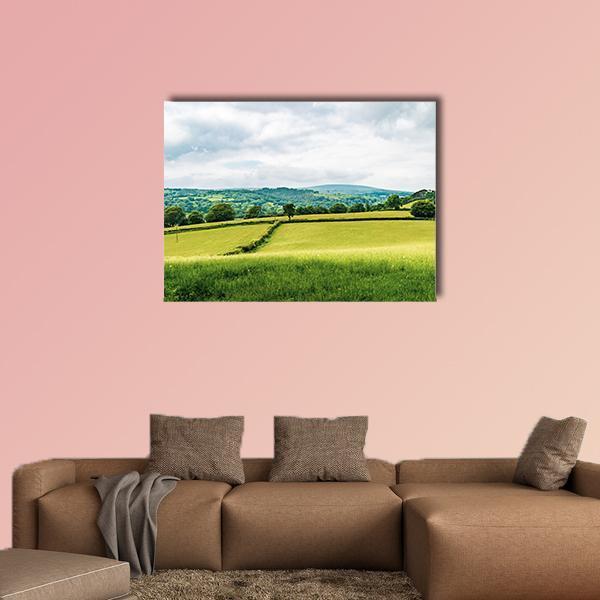 Farmland with Stone Canvas Wall Art in white, green and blue, single panel hung on a wall