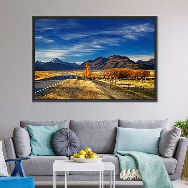 Farmland With Mount Cook Canvas Wall Art-1 Piece-Floating Frame-24" x 16"-Tiaracle