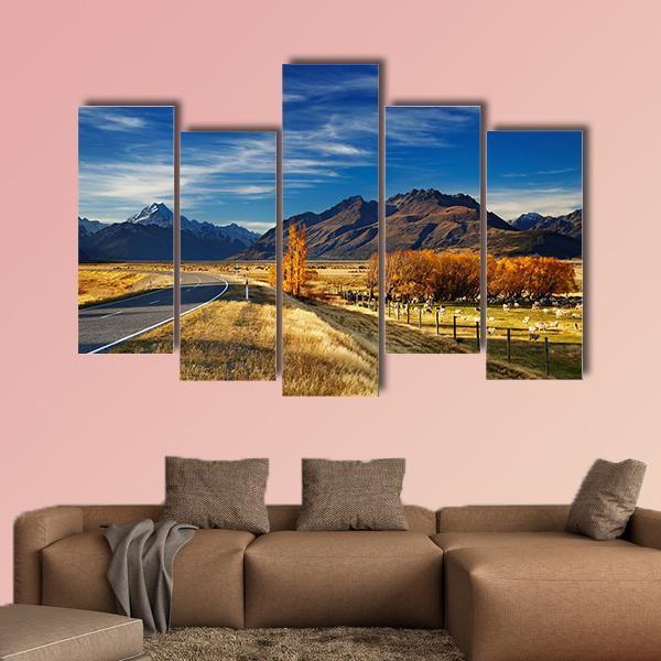 Farmland With Mount Cook Canvas Wall Art-5 Pop-Gallery Wrap-47" x 32"-Tiaracle