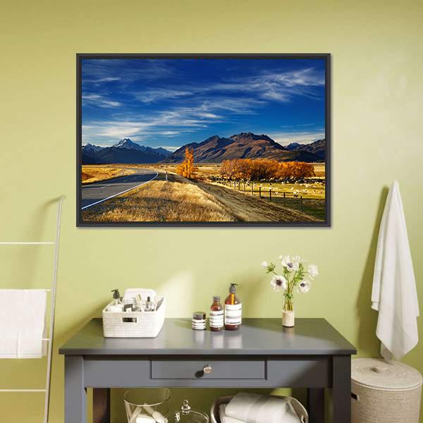 Farmland With Mount Cook Canvas Wall Art-1 Piece-Floating Frame-24" x 16"-Tiaracle