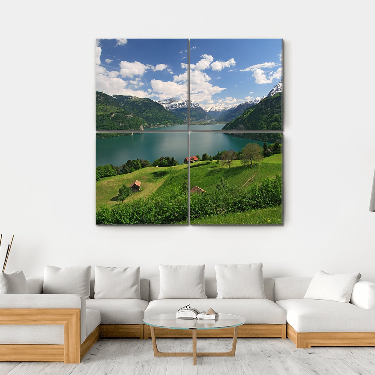Farms With Lake Lucerne Canvas Wall Art-4 Square-Gallery Wrap-17" x 17"-Tiaracle