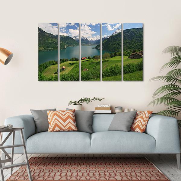 Farms With Lake Lucerne Canvas Wall Art-5 Horizontal-Gallery Wrap-22" x 12"-Tiaracle