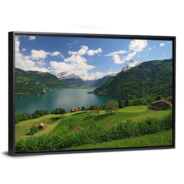 Farms With Lake Lucerne Canvas Wall Art-3 Horizontal-Gallery Wrap-25" x 16"-Tiaracle