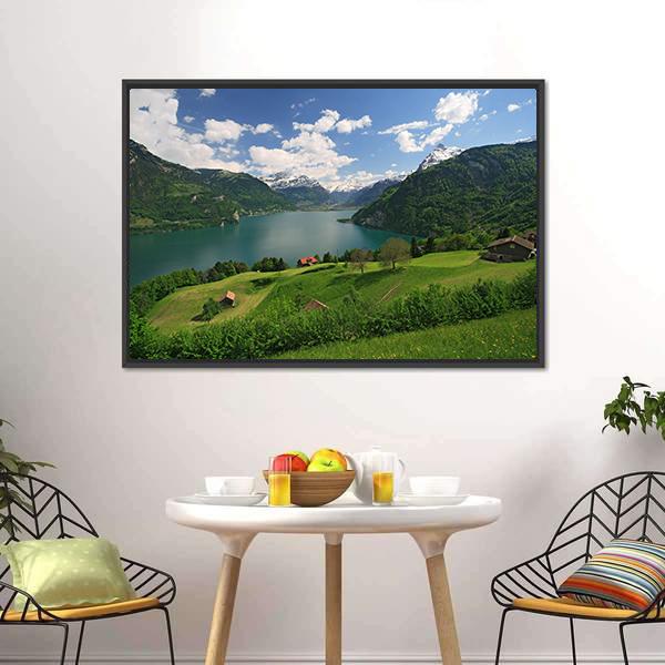 Farms With Lake Lucerne Canvas Wall Art-3 Horizontal-Gallery Wrap-25" x 16"-Tiaracle