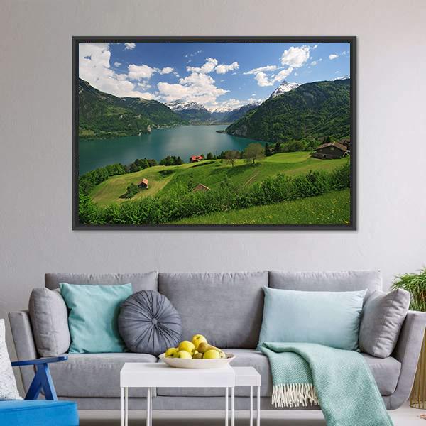 Farms With Lake Lucerne Canvas Wall Art-3 Horizontal-Gallery Wrap-25" x 16"-Tiaracle