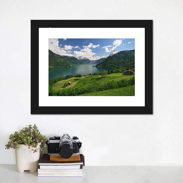 Farms With Lake Lucerne Canvas Wall Art-1 Piece-Framed Print-20" x 16"-Tiaracle