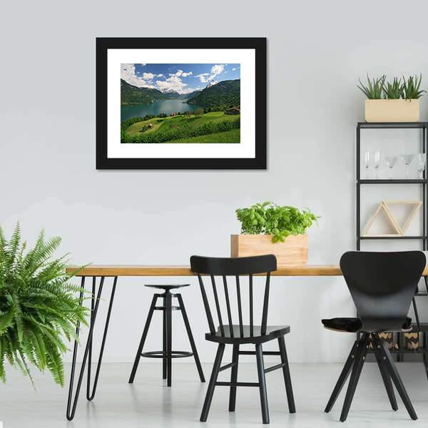 Farms With Lake Lucerne Canvas Wall Art-3 Horizontal-Gallery Wrap-25" x 16"-Tiaracle