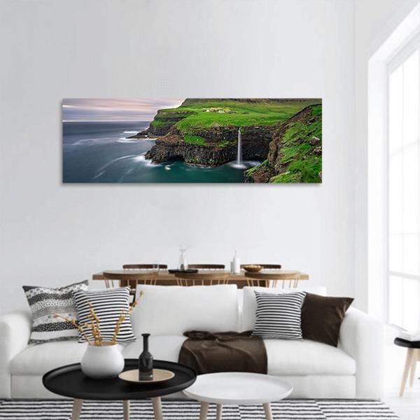 Gasadalur Village &amp; Waterfall Panoramic Canvas Wall Art-1 Piece-36" x 12"-Tiaracle