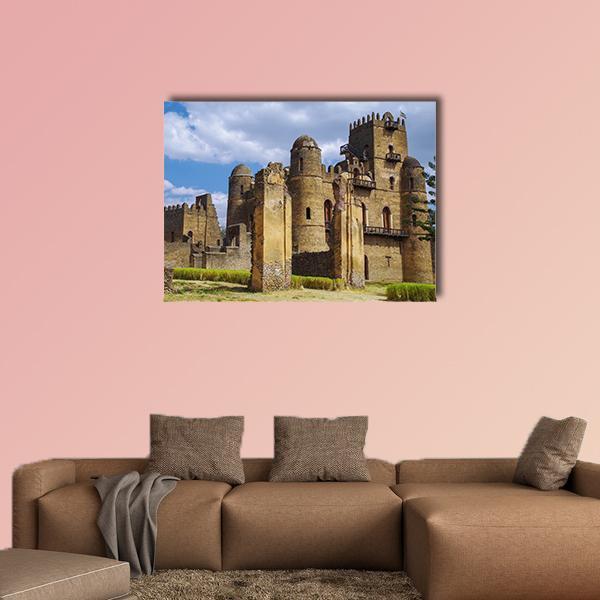 Fasilides Castle, Ethiopia Canvas Wall Art in beige, brown and blue, single panel hung on a wall