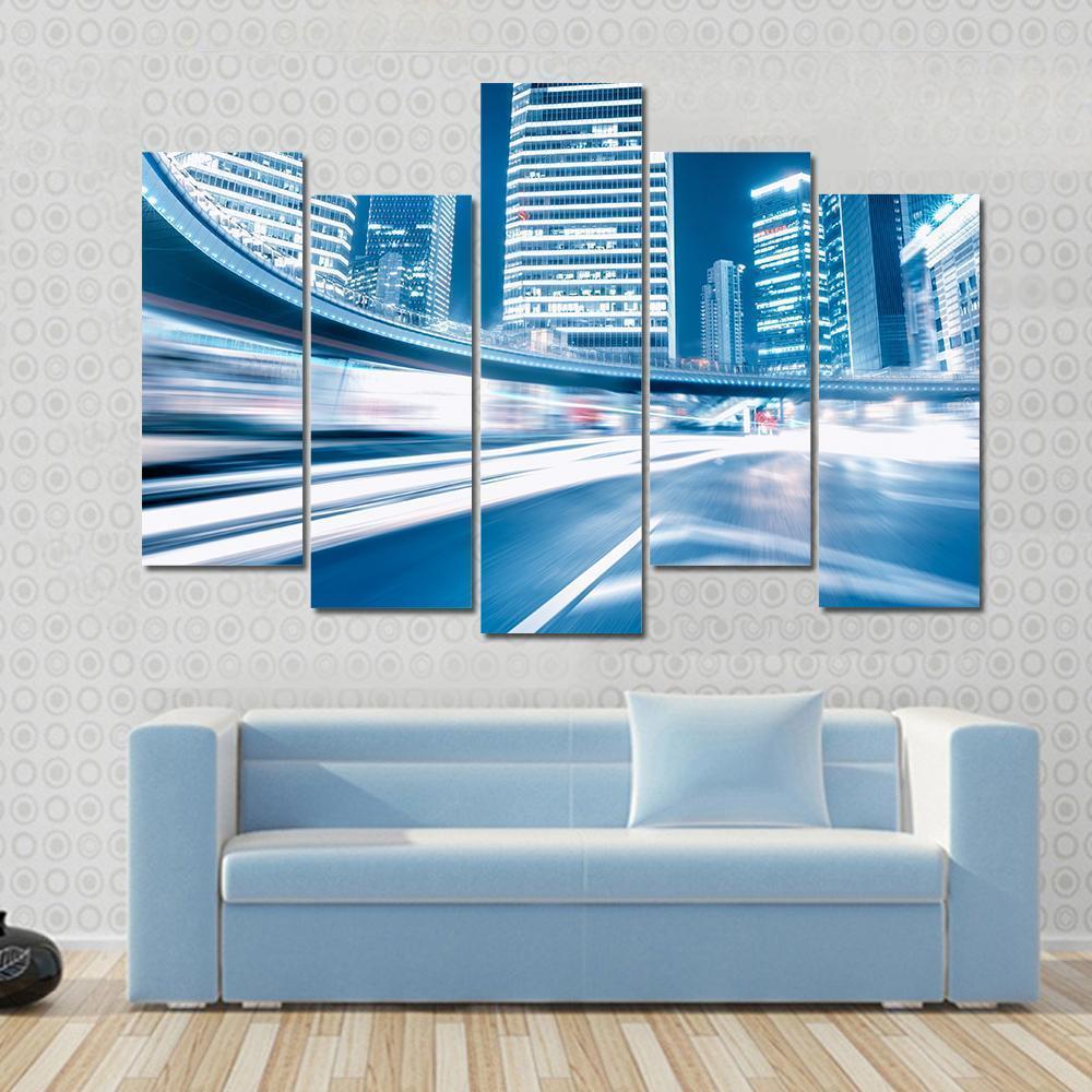 Fast Moving Cars At Night Canvas Wall Art-5 Pop-Gallery Wrap-47" x 32"-Tiaracle