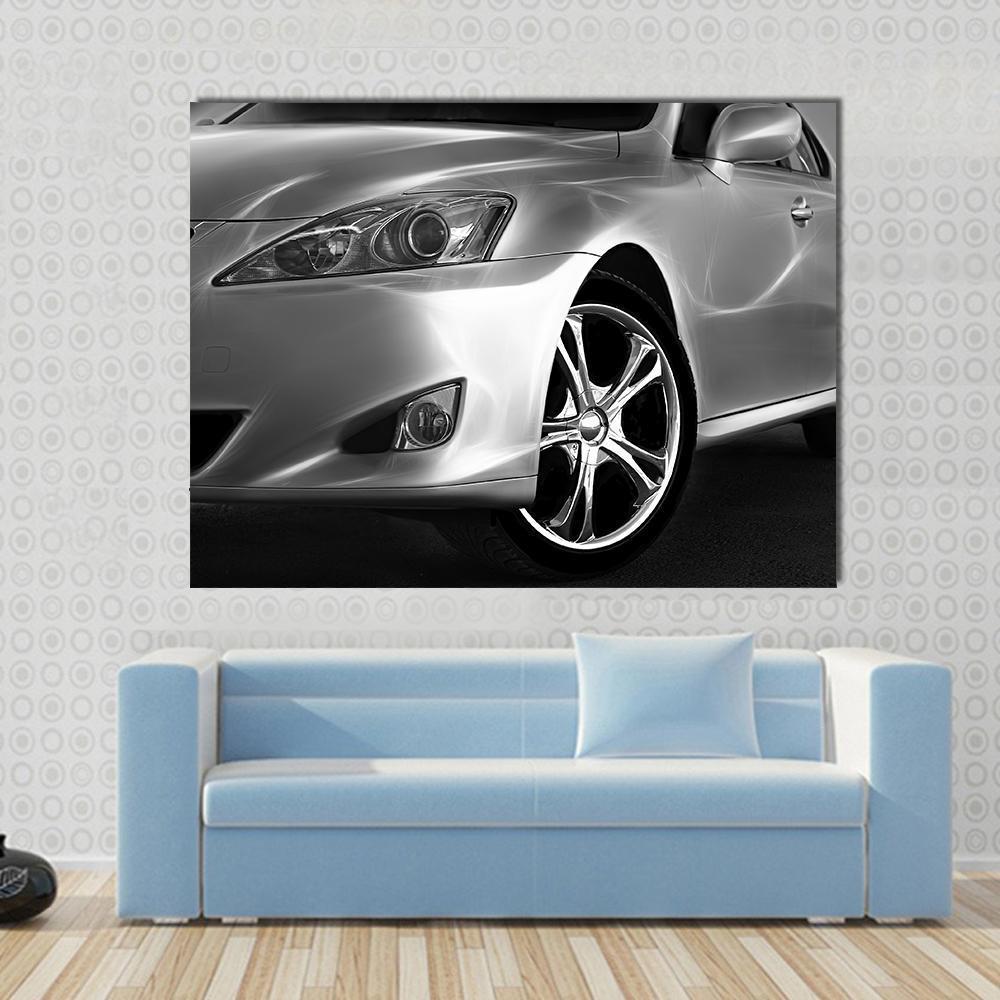 Fast Sports Car Canvas Wall Art in black, gray and silver, single panel hung on a wall