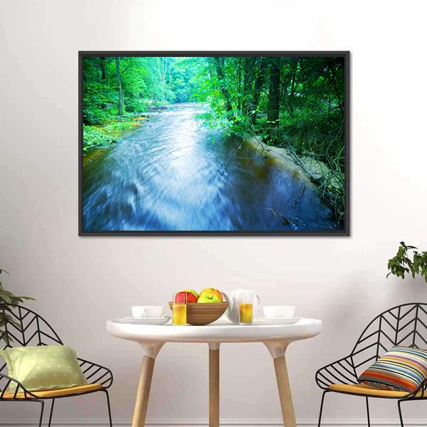 Fast Stream In Forest Canvas Wall Art-5 Horizontal-Gallery Wrap-22" x 12"-Tiaracle