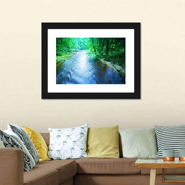 Fast Stream In Forest Canvas Wall Art-5 Horizontal-Gallery Wrap-22" x 12"-Tiaracle