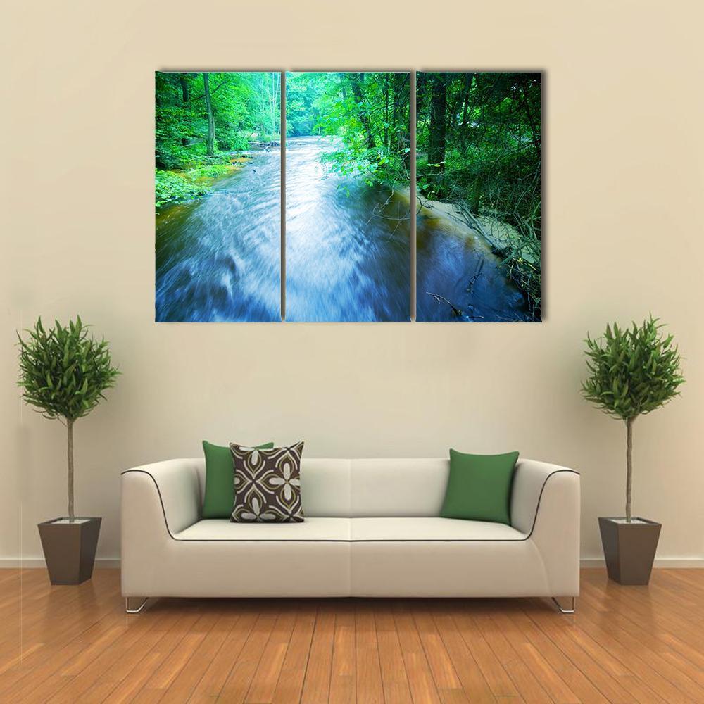 Fast Stream In Forest Canvas Wall Art-3 Horizontal-Gallery Wrap-37" x 24"-Tiaracle