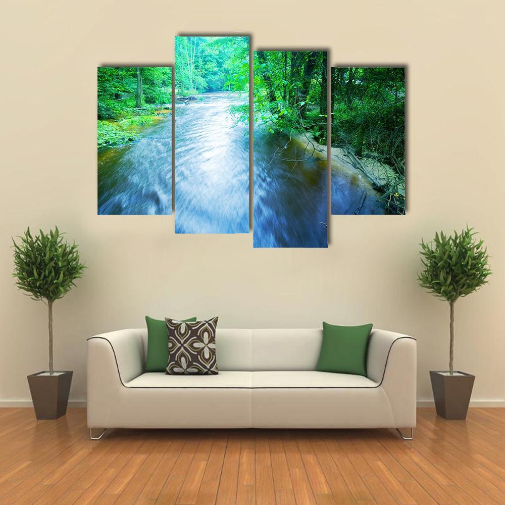 Fast Stream In Forest Canvas Wall Art-4 Pop-Gallery Wrap-50" x 32"-Tiaracle