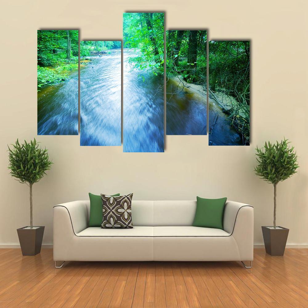 Fast Stream In Forest Canvas Wall Art-5 Pop-Gallery Wrap-47" x 32"-Tiaracle