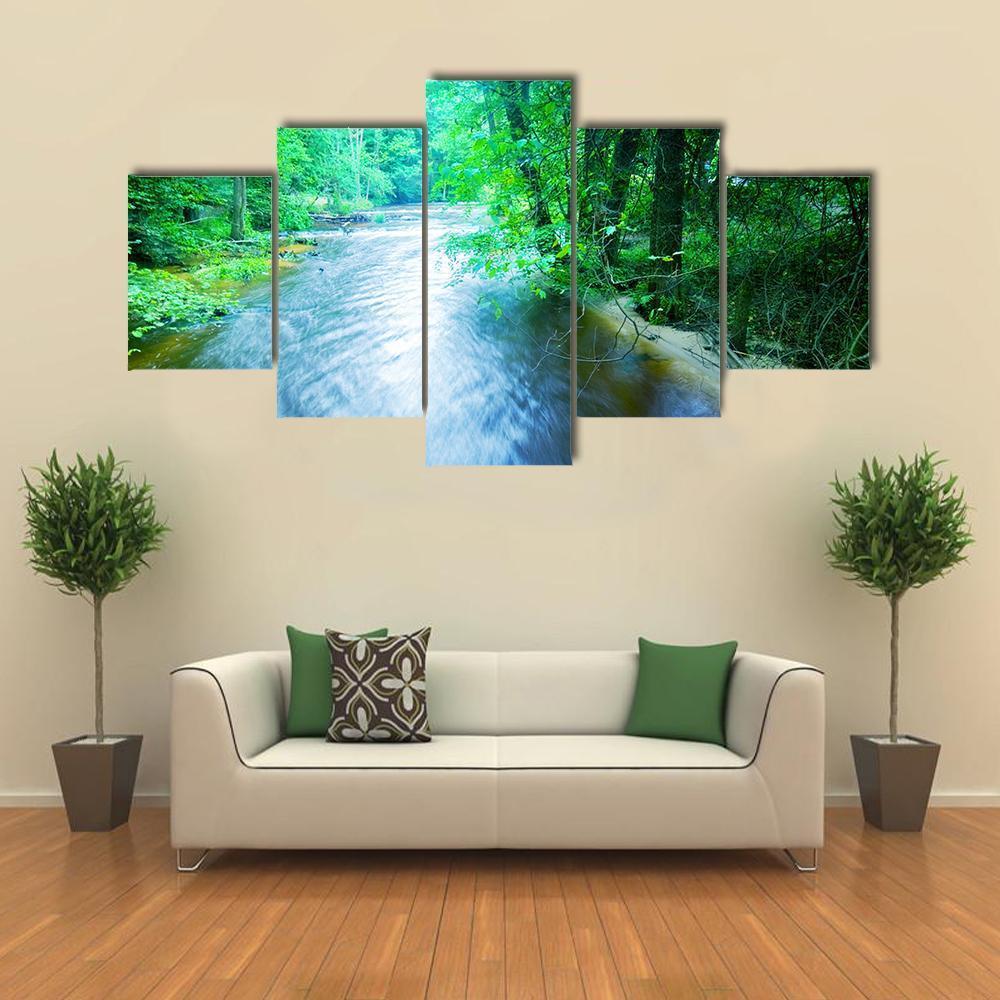 Fast Stream In Forest Canvas Wall Art-5 Star-Gallery Wrap-62" x 32"-Tiaracle