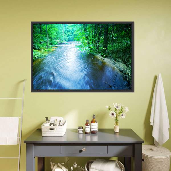 Fast Stream In Forest Canvas Wall Art-1 Piece-Floating Frame-24" x 16"-Tiaracle
