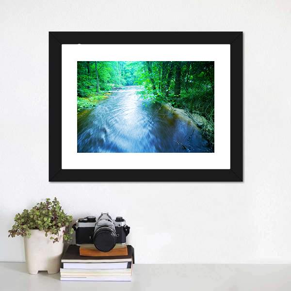 Fast Stream In Forest Canvas Wall Art-1 Piece-Framed Print-20" x 16"-Tiaracle