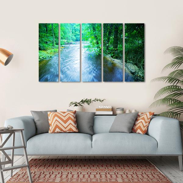 Fast Stream In Forest Canvas Wall Art-5 Horizontal-Gallery Wrap-22" x 12"-Tiaracle