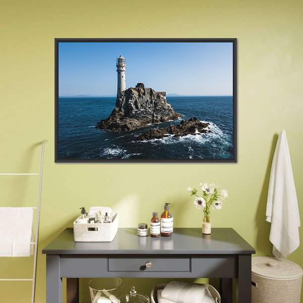 Fastnet Lighthouse Canvas Wall Art in gray and blue, framed canvas, product view on a white background
