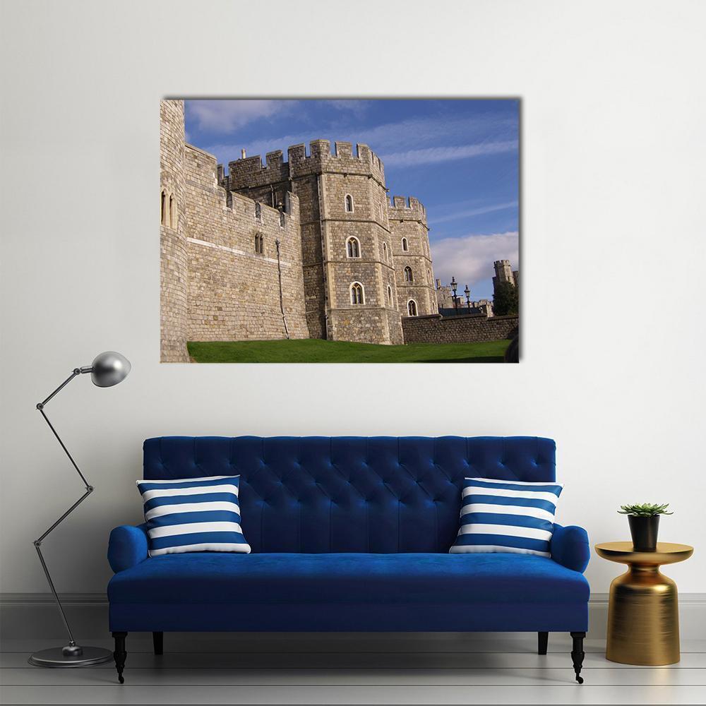Queen's Favorite Residence Canvas Wall Art in gray, beige and blue, single panel hung on a wall