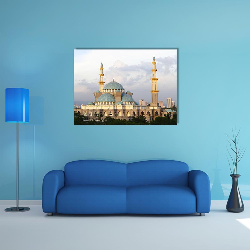 Wilayah Mosque with Blue Domes Canvas Wall Art in white, beige and blue, single panel hung on a wall