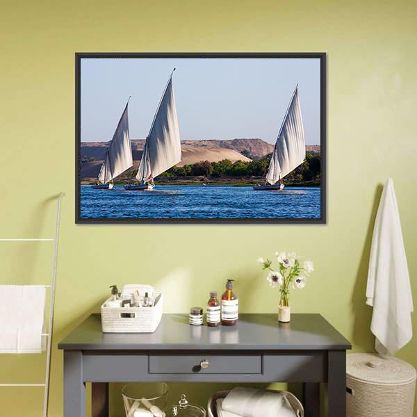 Feluccas In River Nile Canvas Wall Art-1 Piece-Floating Frame-24" x 16"-Tiaracle