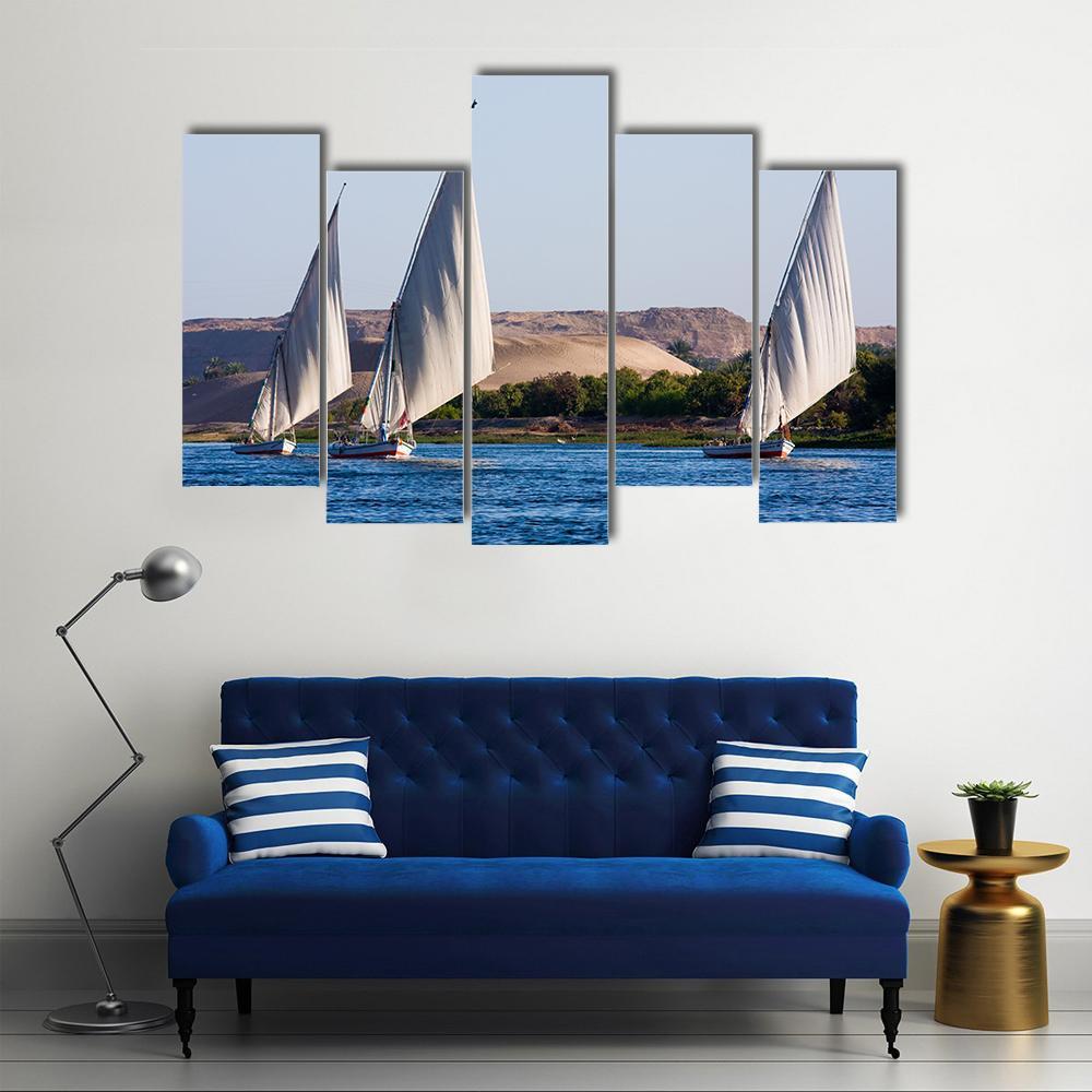 Feluccas In River Nile Canvas Wall Art-5 Pop-Gallery Wrap-47" x 32"-Tiaracle