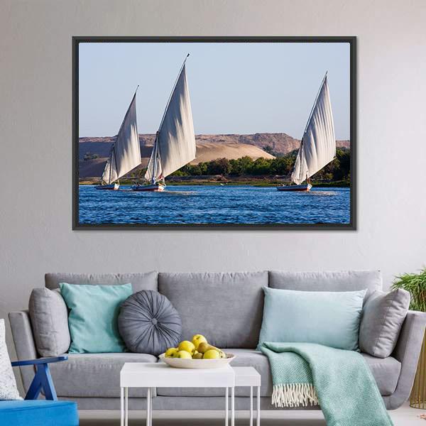 Feluccas In River Nile Canvas Wall Art-3 Horizontal-Gallery Wrap-25" x 16"-Tiaracle
