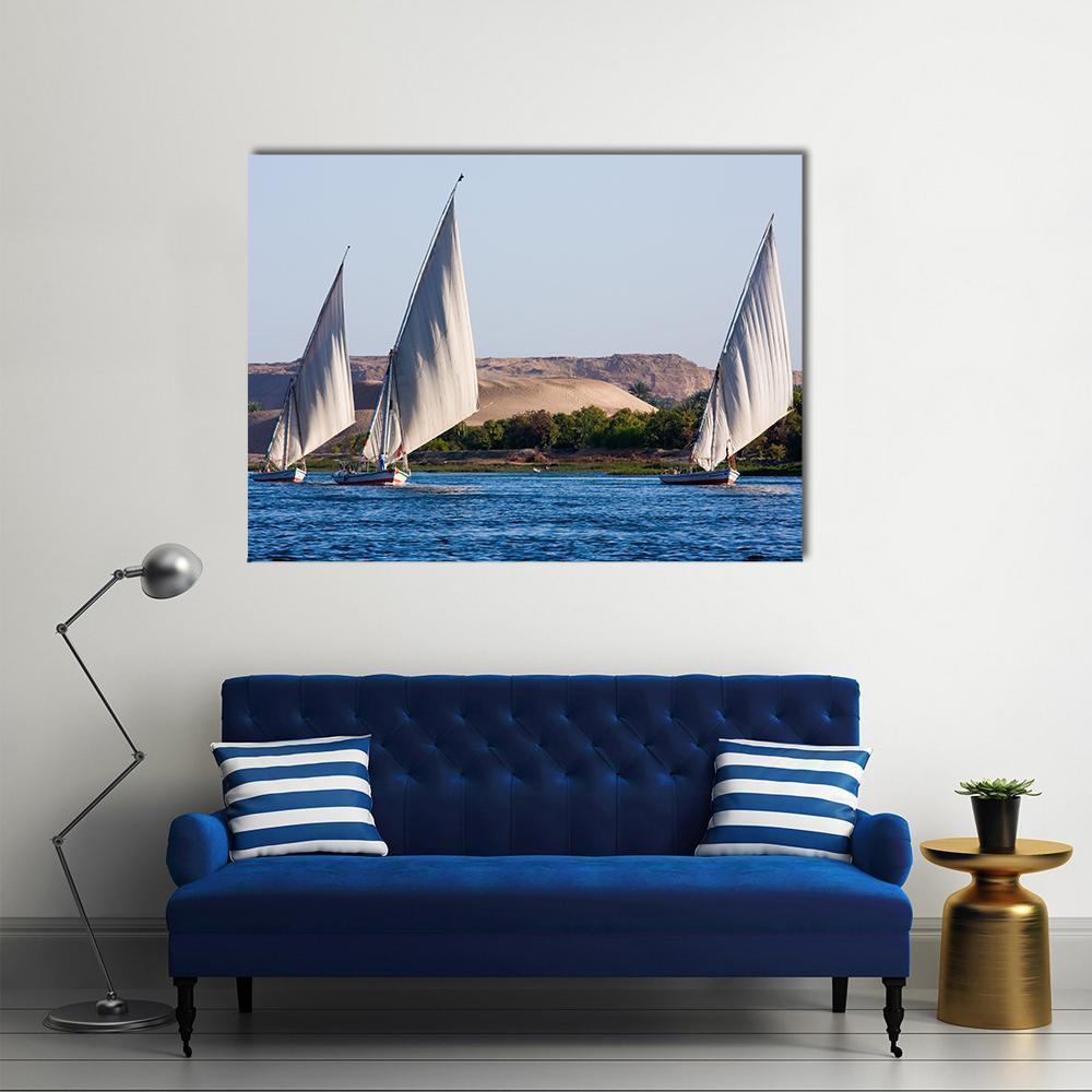Feluccas on the Nile Canvas Wall Art in white, beige and blue, single panel hung on a wall