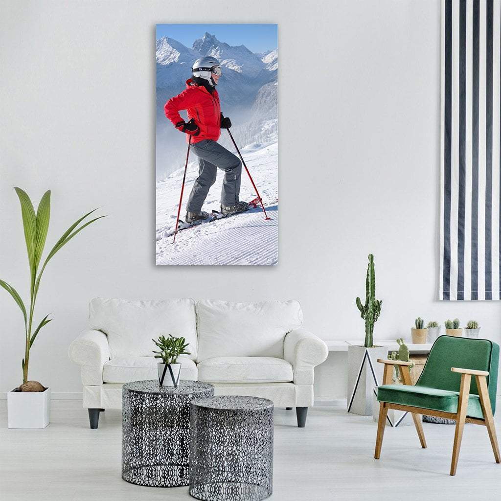 Female Skier Skiing In Mountains Vertical Canvas Wall Art-1 Vertical-Gallery Wrap-12" x 24"-Tiaracle