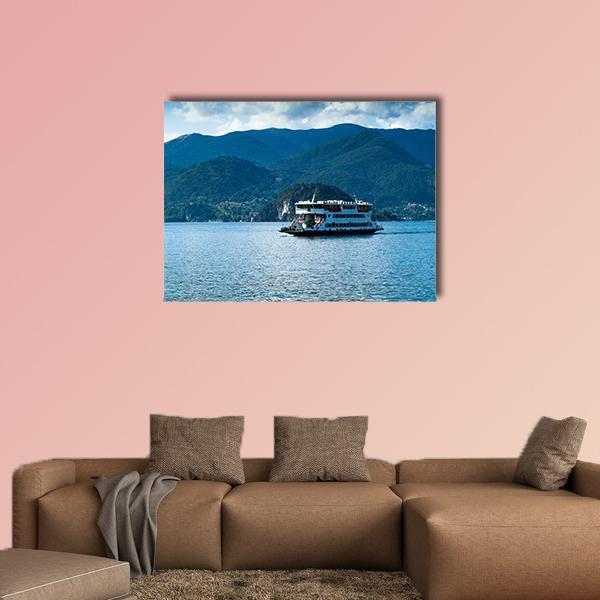 Ferry on Lake Como Canvas Wall Art in blue, single panel hung on a wall