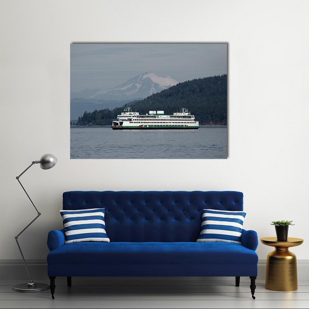 Ferry Sailing with Mt Baker Canvas Wall Art in gray and blue, single panel hung on a wall