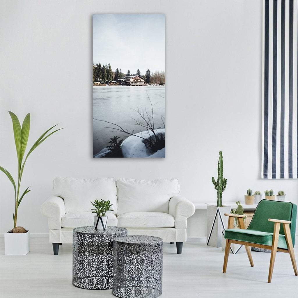 Fichtel Lake, Germany Vertical Canvas Wall Art in white, gray and blue, single vertical panel hung on a wall